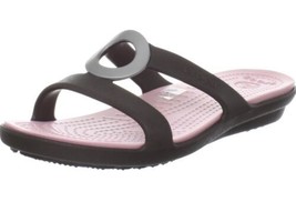 Crocs Sanrah Circle Slide Sandal Women&#39;s Size 8 Espresso/Pink - £23.91 GBP