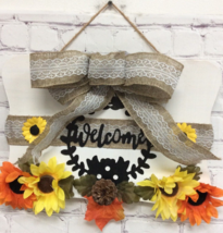 Welcome Fall Sign wood floral burlap bow black white daisy Handmade 13x9 New - £14.32 GBP