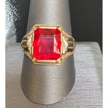 Mens Art Deco Yellow Gold And LAB-CREATED Ruby Signet Ring Size 10.25 Sky - £377.83 GBP