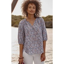New J Jill Love Linen Women&#39;s Xs Relaxed Peasant Top Blue Floral 3/4 Sleeves - £38.92 GBP