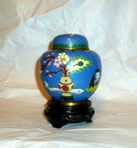Vintage Blue Floral Cloisonné Ginger Jar w Stand. 5 1/4&quot; - £38.91 GBP