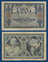 Germany P63, 20 Mark, allegorical men pouring gold coins 1915 VG - $1.99