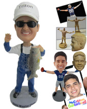 Personalized Bobblehead Fisherman Wearing A Long Suspenders Caught A Big One - S - £71.90 GBP