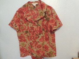 Norton McNaughton shirt Rose Floral Red Tan Top Shirt Blouse Button Up (L) - £4.87 GBP