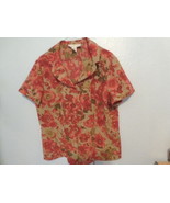 Norton McNaughton shirt Rose Floral Red Tan Top Shirt Blouse Button Up (L) - £4.94 GBP