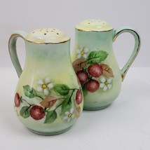 Vintage 1970s Salt Pepper Set Ceramic w/ Gold Trim Hand Painted Berries - £36.10 GBP