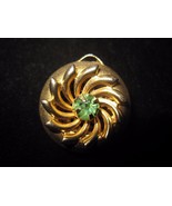 Vintage Two Sided Round Satin Gold Toned Flower Green Stone Pendant - £6.81 GBP
