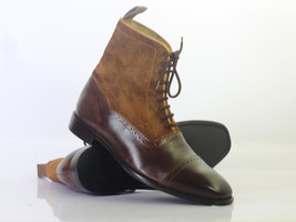 Handmade Men Brown Cap Toe Leather Suede Ankle Lace Up Boots, Men Design... - £127.59 GBP+