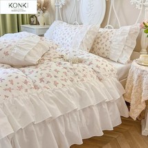 Prinzessin Stil Rosa Blume 100 % Baumwolle Doppel Rüschen Bettbezug Set ... - $197.21+