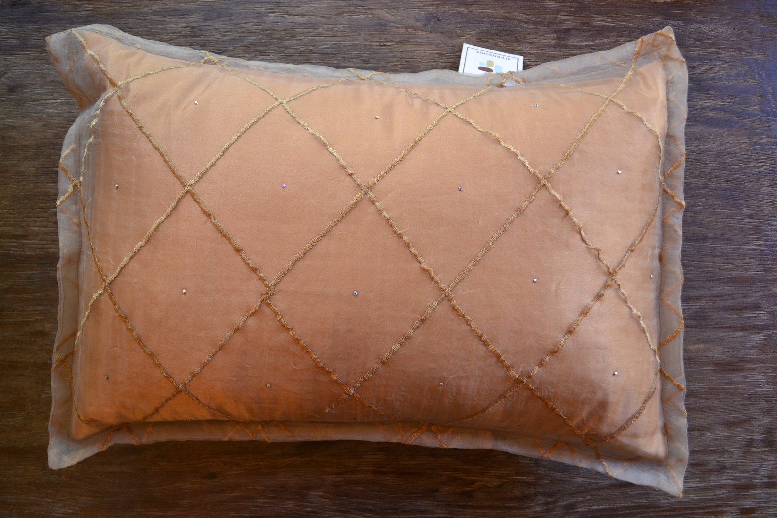 Studio Chic Embroidered Organza Pillow with Swarvoski crystals in Peach and Gold - $76.49