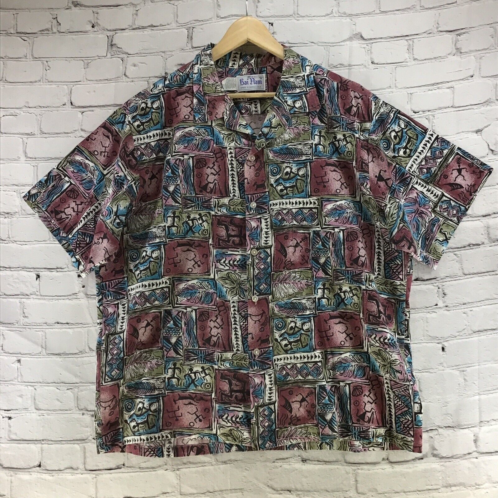 Primary image for Kai Nani Vintage Hawaiian Shirt Mens Sz 2XL Cave Drawings Print