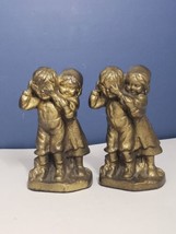 VTG 2 x Cast Iron Children Boy &amp; Girl PEEK A BOO Game Metal Door Stop Figurine - £74.35 GBP