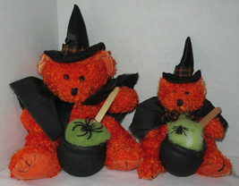 Russ Berrie orange glitter Halloween witch bear HOCUS with cauldron decoration - $18.42+