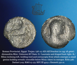 98-117 Ad Romain Provincial Trajan AE Drachm Nilus Inclinable Alexandria Pièce - £23.34 GBP