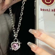 Y2K Accessories Fashion Peach Heart Water Drop Pendant Necklace Pink Crystal Egi - £1.55 GBP+