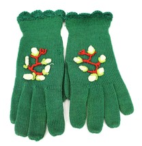 VINTAGE HAND KNITTED Womens GLOVES WITH Applique Green Red Sz 7 1940s Pe... - $39.20
