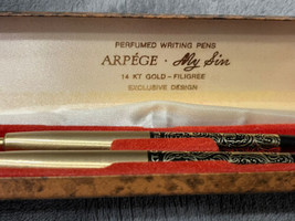 Arpege &amp; My Sin Perfumed Writing Pens 14 KT Gold Filigree in Case - £16.51 GBP