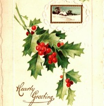 1912 Happy Christmas Embossed Postcard Winter Scene Holly Berries Gold Accents - $12.95