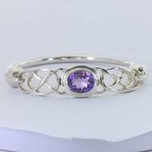 Purple Amethyst Celtic Knot Handmade Silver Hinged Bangle Bracelet 7 inch 57mm - £151.58 GBP