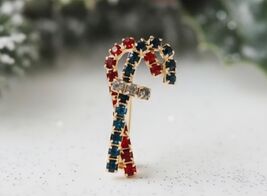 Small Candy Cane Brooch, Rhinestone Crystal Vintage Holiday Pin - $18.99