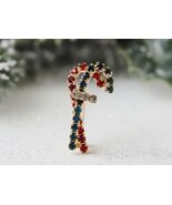 Small Candy Cane Brooch, Rhinestone Crystal Vintage Holiday Pin - $18.99