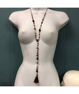 Chico’s long drop necklace with burgundy tassel gold bronze chain - $644.67 MXN