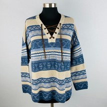 Chaps Womens XL Tan Blue Multicolor Tribal Striped Lace Up Neckline Sweater - £23.91 GBP