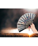 Vintage Asian Hand Fan Black Sheer Fabric Embroidery Peacock Lucite APPR... - $751.29 MXN
