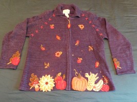 STITCHES IN TIME Vintg Fall Autumn Zippered Cardigan Sweater Blue LG Emb... - £32.01 GBP