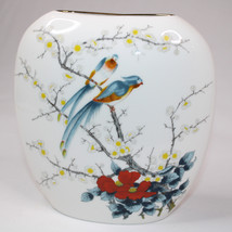 Jay Japan Oval Vase Cherry Tree Blue Birds White Blossoms 7 Inches Gold Trim - £10.28 GBP