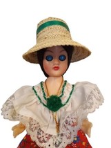 Vintage 8&quot; Spanish Girl Doll Ethnic Lace Floral Dress Straw Hat Red MCM Plastic  - £7.42 GBP