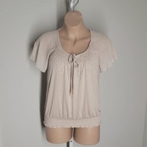 French Laundry Cute Blouse Top ~ Sz L ~ Short Sleeve ~ Beige - £13.58 GBP