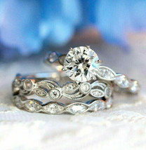 Bridal Wedding Ring Trio Set 3.00Ct Round Diamond Solid 14k White Gold Size 8.5 - £264.22 GBP