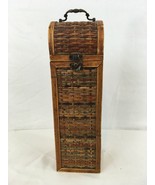 Wood Woven Rattan Brass Handle Clasp Vintage Wine Carrier Box - £22.61 GBP