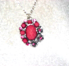 Antique Ruby Gemstone Pendent Necklace Silver Tone Filigree 28 in. chain - £22.55 GBP