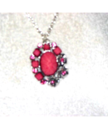 Antique Ruby Gemstone Pendent Necklace Silver Tone Filigree 28 in. chain - £22.44 GBP