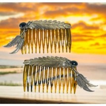 Vintage Navajo Sterling Feather Hair Combs Black Onyx 3&quot; Set Of 2 Barrette Clip - £144.40 GBP