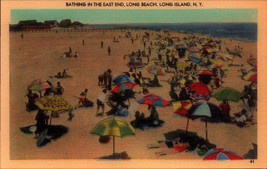 Linen POSTCARD- Bathing In The East End, Long Beach, Long Island, Ny BK51 - £2.37 GBP