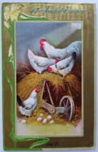 Easter Postcard Hen Rooster Chickens Eggs Haystack Barn Farm Equipment JLW 1911 - £7.26 GBP