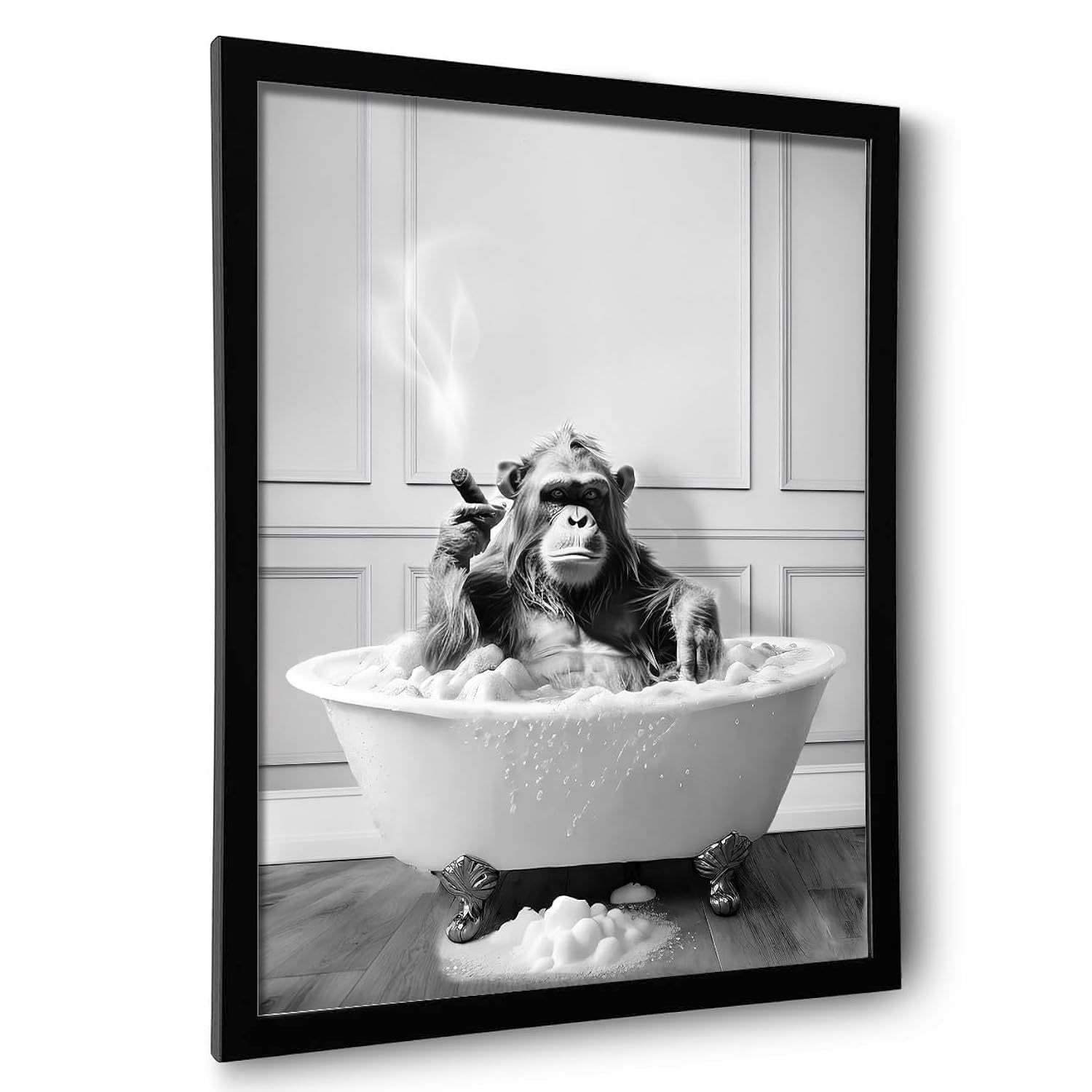 Framed Bathroom Decor Wall Art, Chimpanzee In Bathtub, Black And White Wall Art,