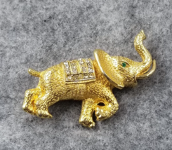 VTG Signed SA Green Eye Elephant Gold Tone Rhinestones Brooch Pin Missing Stones - £7.33 GBP