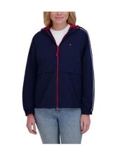 Tommy Hilfiger Womens Windbreaker Jacket Navy Blue High-Low Hem Mesh Lining - $55.99