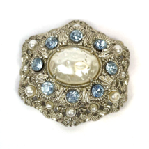 Vintage Signed West Germany Filigree Faux Pearls Brooch Pin Silver Tone Blue - £27.23 GBP