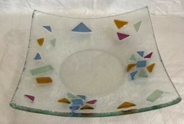 Fused art glass dish handmade 8” square Clear w/Colored Triangles &amp; Squa... - £12.78 GBP