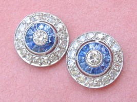 Estate Art Deco 1.36ctw Diamond .70 Sapphire Halo Platinum Cluster Stud Earrings - £2,664.86 GBP