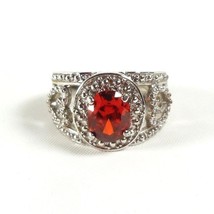 Women&#39;s RING SIZE 8 Large Orange Glass Stone Solitaire Silver Tone Hearts - $14.00