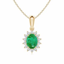 Authenticity Guarantee 
Oval Emerald Pendant with Floral Diamond Halo in 14K ... - £1,288.22 GBP