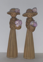 2 Vintage Korean Straw Doll 6” Handmade Folk Art Lady Purple Flowers Basket - £13.22 GBP