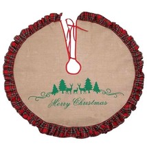 Merry Christmas Tree skirt Burlap Reindeers With Plaid Edge 45” Round - £26.69 GBP