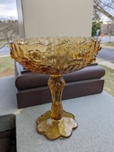 Fenton Large 7.5 inches tall Amber Glass embossed Cabbage Rose Pedestal  - $18.90